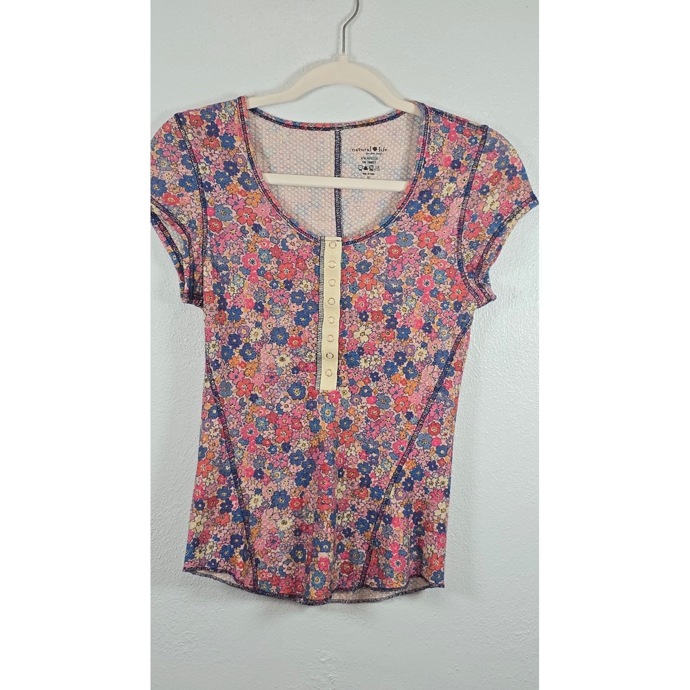 Natural Life Floral Henley Top Small Pink Blue Waffle Knit Short Sleeve Shirt